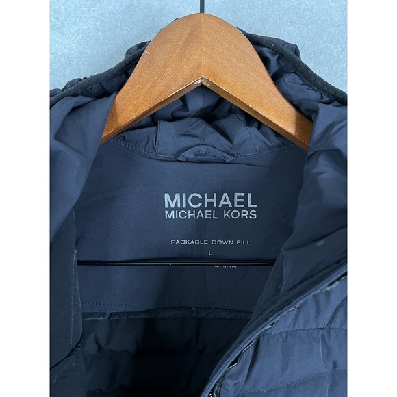 Michael Kors Navy Packable Down Fill Puffer, Fitted Coat w/ Hood- Women's Large - Picture 6 of 9